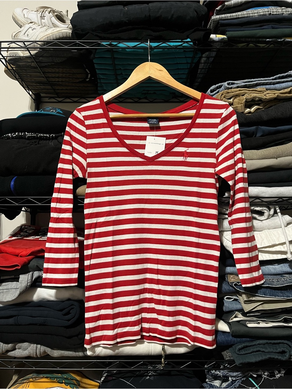 Ralph Lauren Red and White Striped V-Neck Long Sleeve Tee